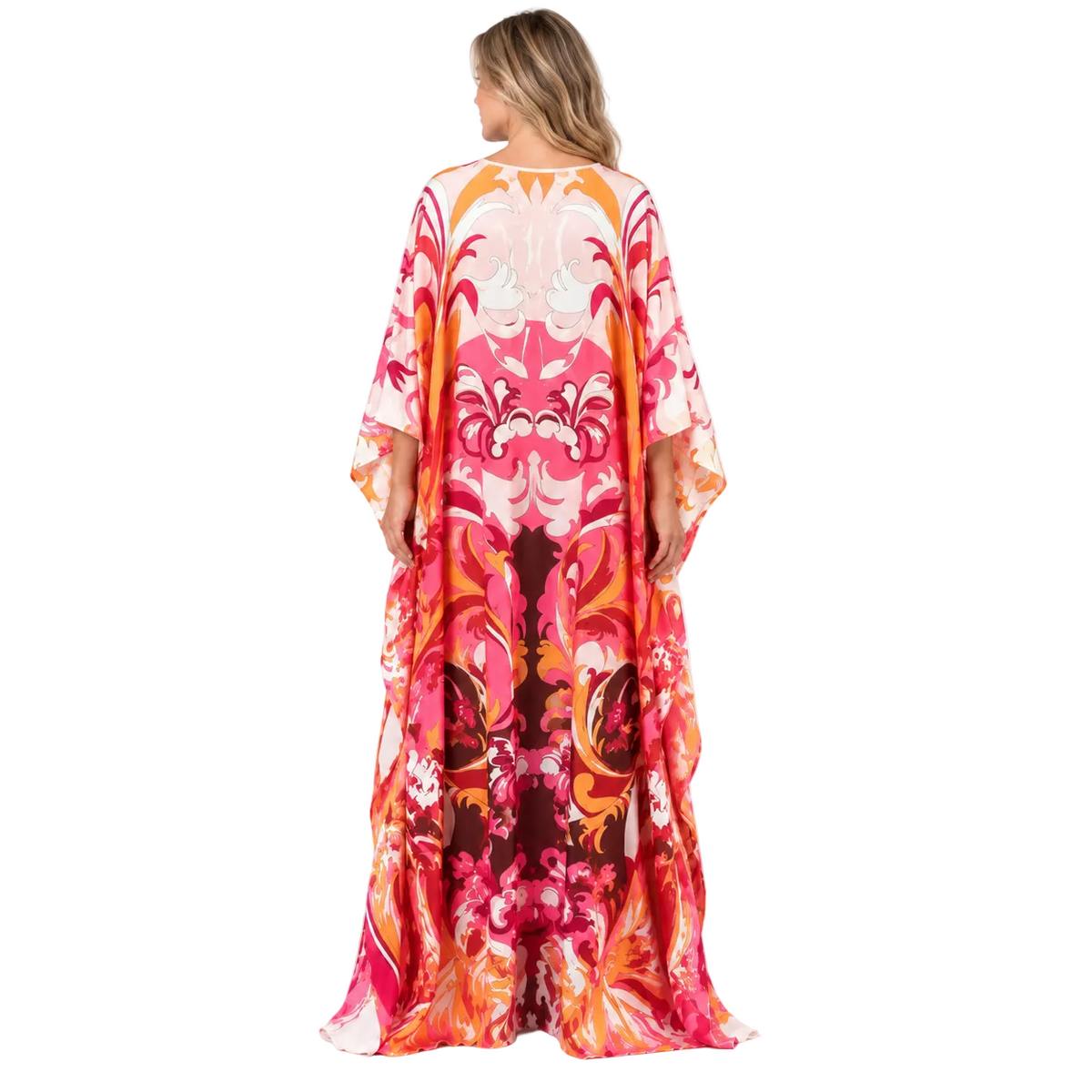 Coral Red Floral Silk Satin Kaftan