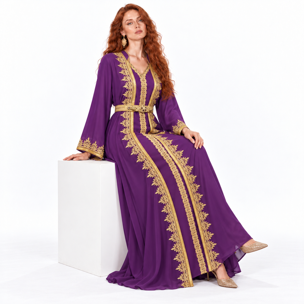 Elegant Purple Gold Embroidered Lebaran Kaftan