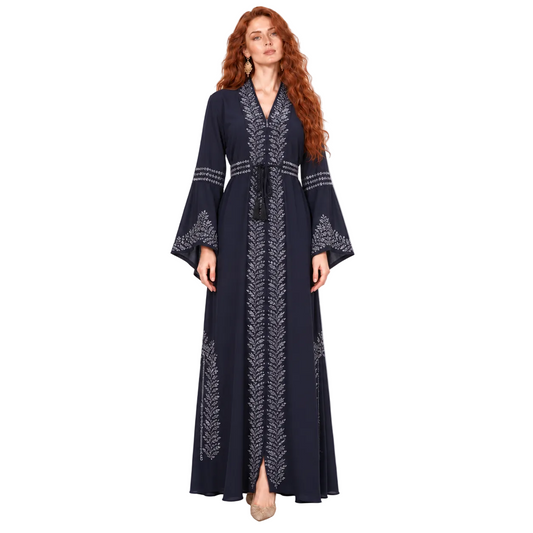 Elegant Navy Blue Embroidered Lebaran Kaftan