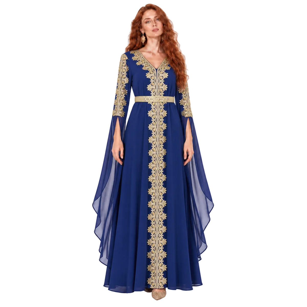 Navy Blue Gold Embroidered Lebaran Kaftan