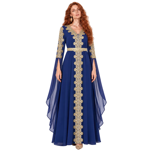 Navy Blue Gold Embroidered Lebaran Kaftan