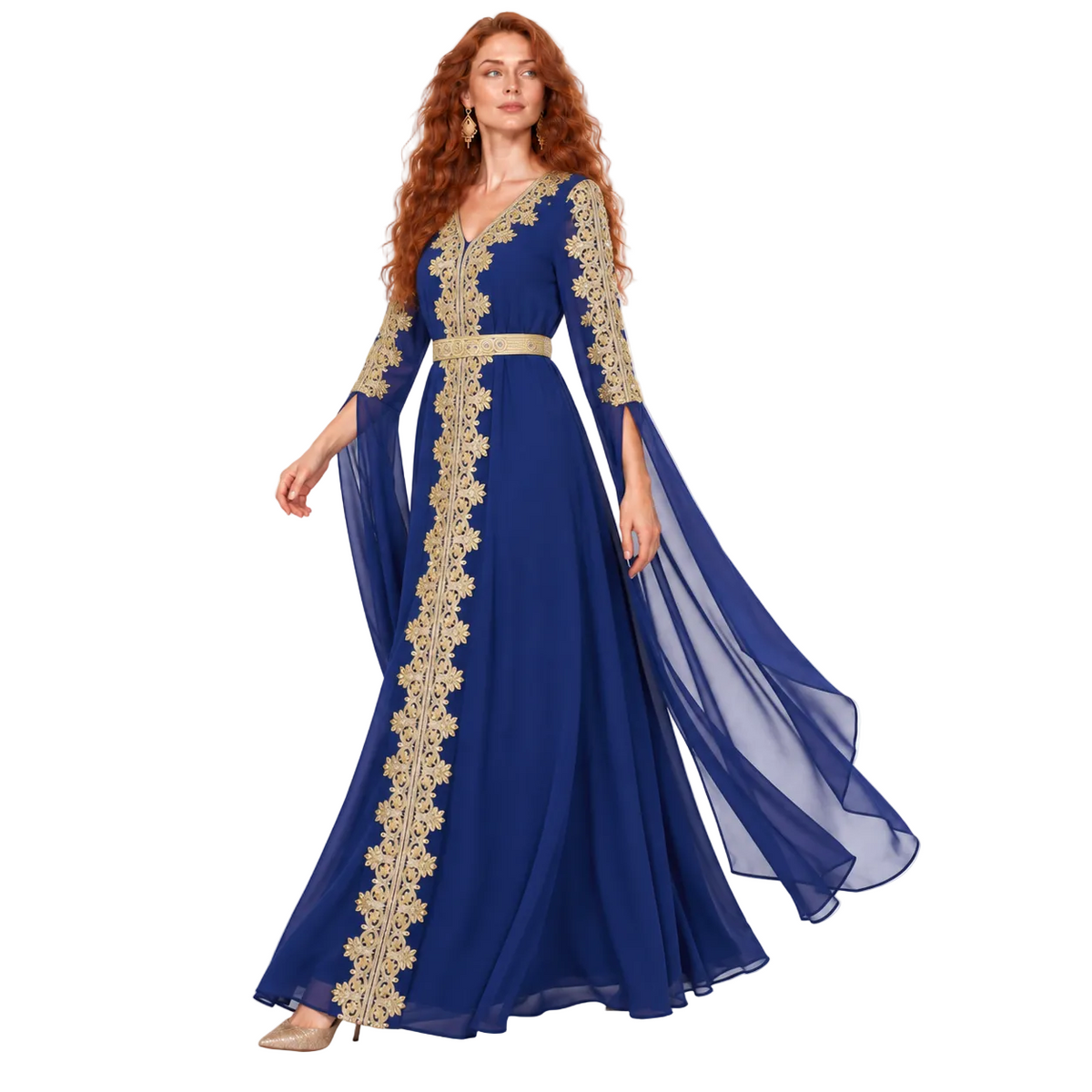 Navy Blue Gold Embroidered Lebaran Kaftan