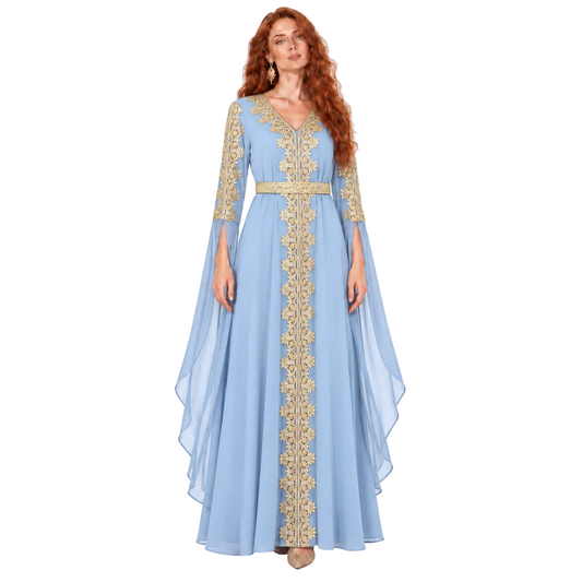 Light Blue Gold Embroidered Kaftan Lebaran