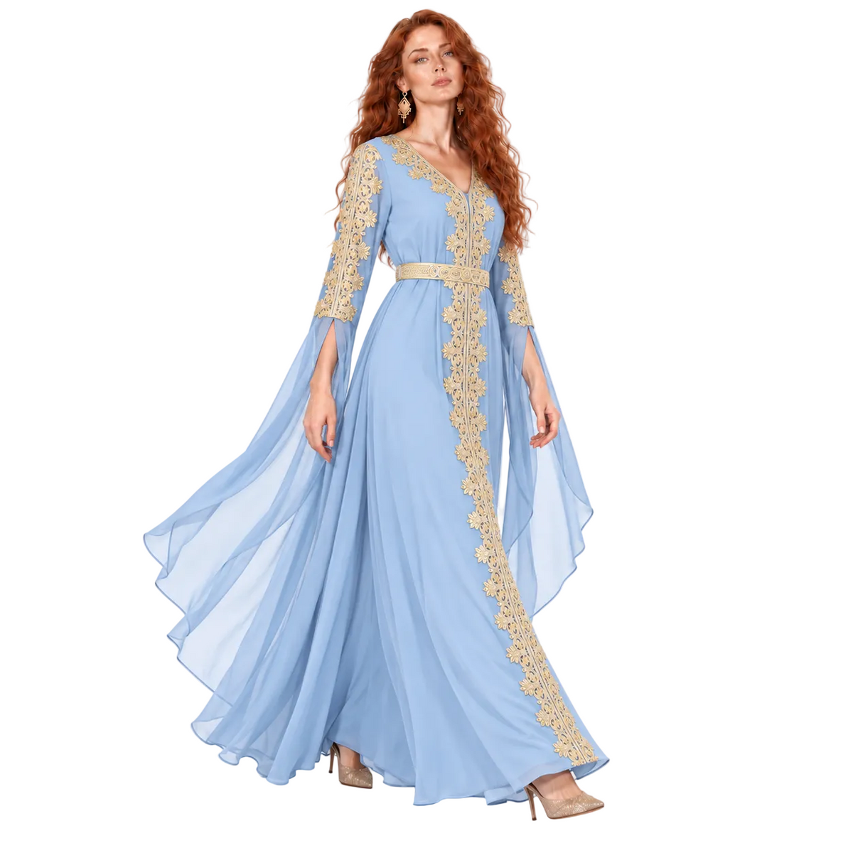 Light Blue Gold Embroidered Kaftan Lebaran