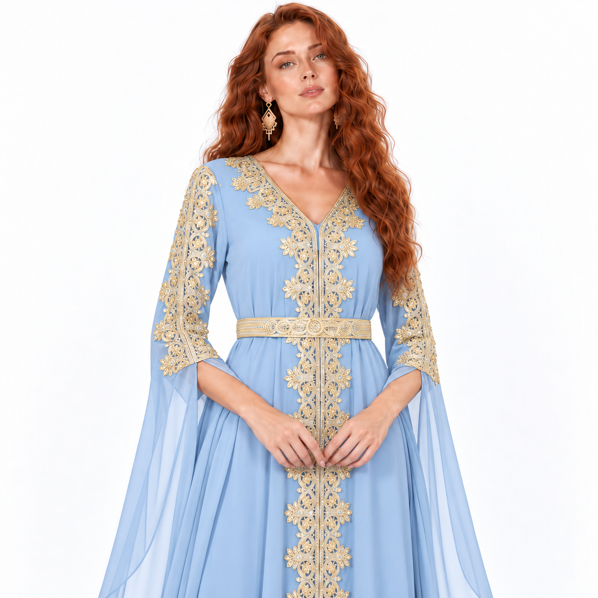 Light Blue Gold Embroidered Kaftan Lebaran