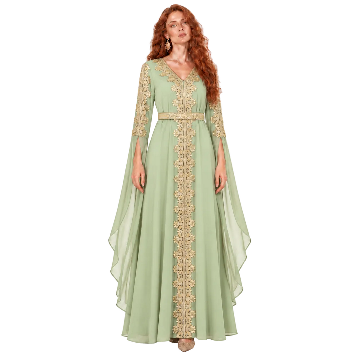 Elegant Green Gold Embroidered Lebaran Kaftan