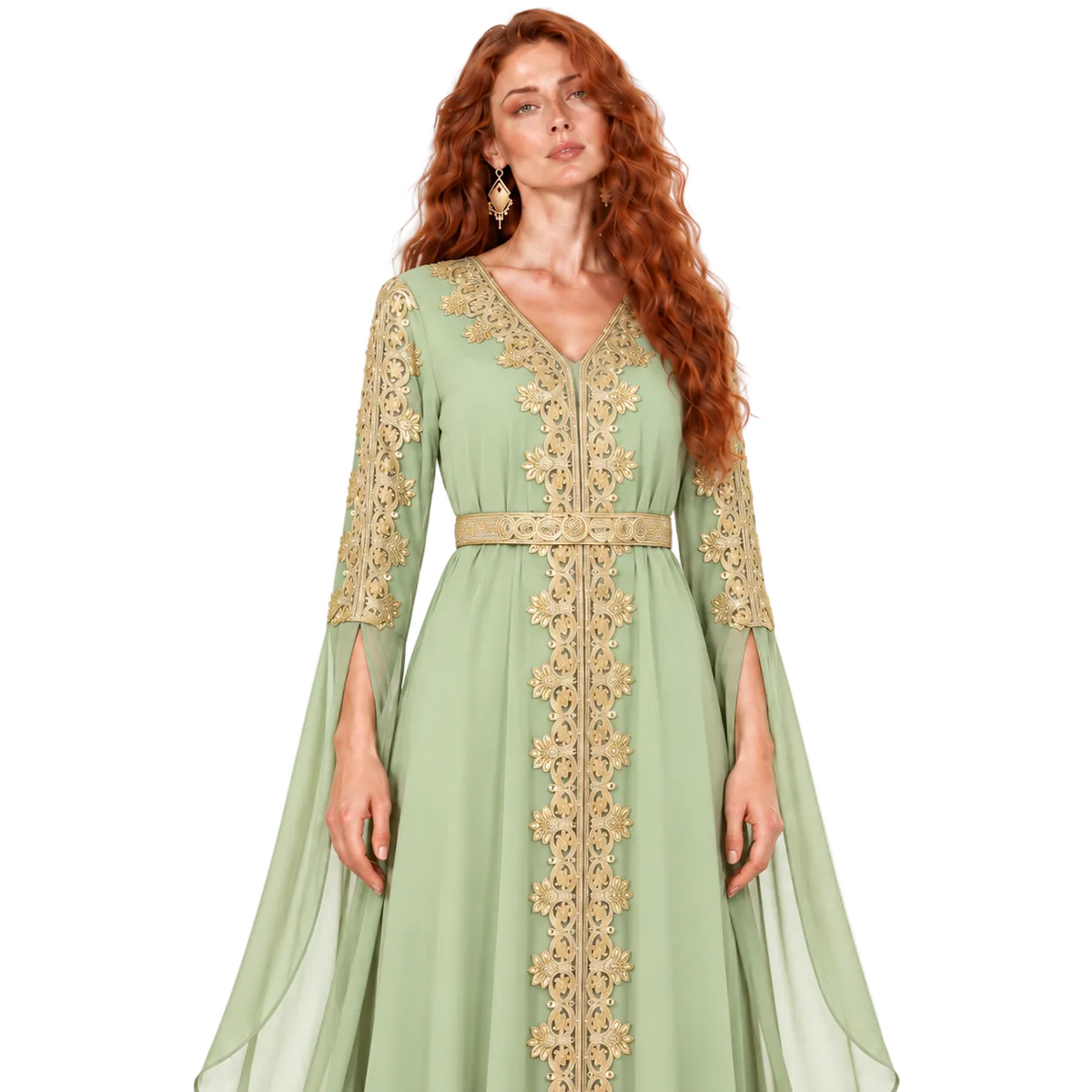 Elegant Green Gold Embroidered Lebaran Kaftan