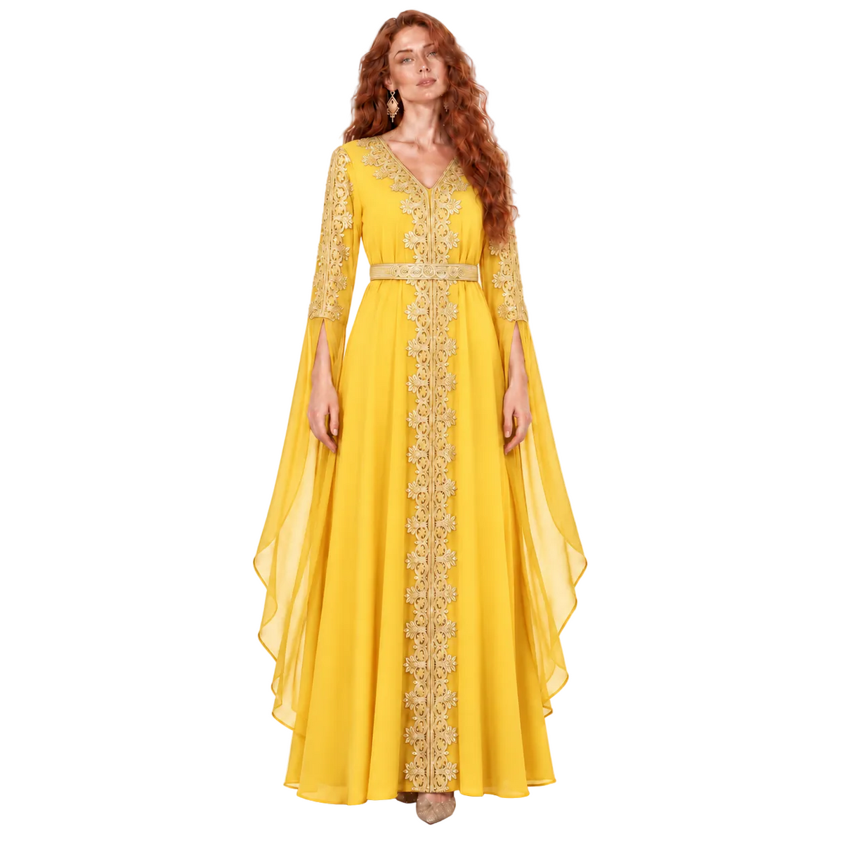 Elegant Yellow Gold Embroidered Luxury Kaftan
