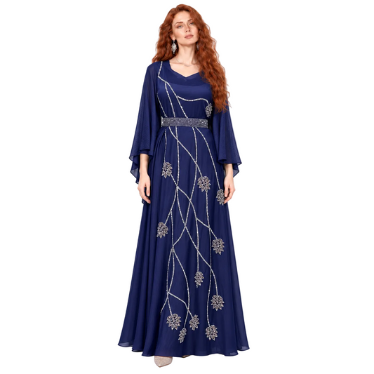 Navy Blue Embroidered Elegant Lebaran Kaftan