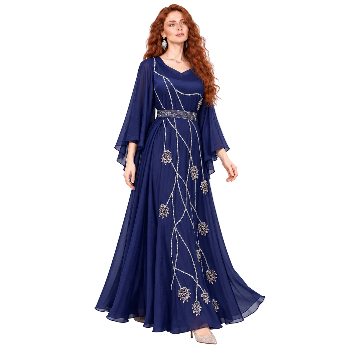Navy Blue Embroidered Elegant Lebaran Kaftan