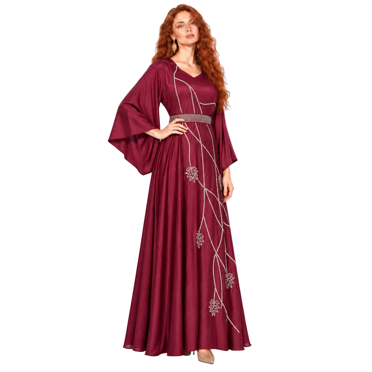 Elegant Burgundy Silver Embellished Lebaran Kaftan Dress