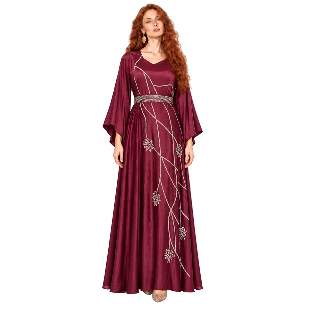 Elegant Burgundy Silver Embellished Lebaran Kaftan Dress