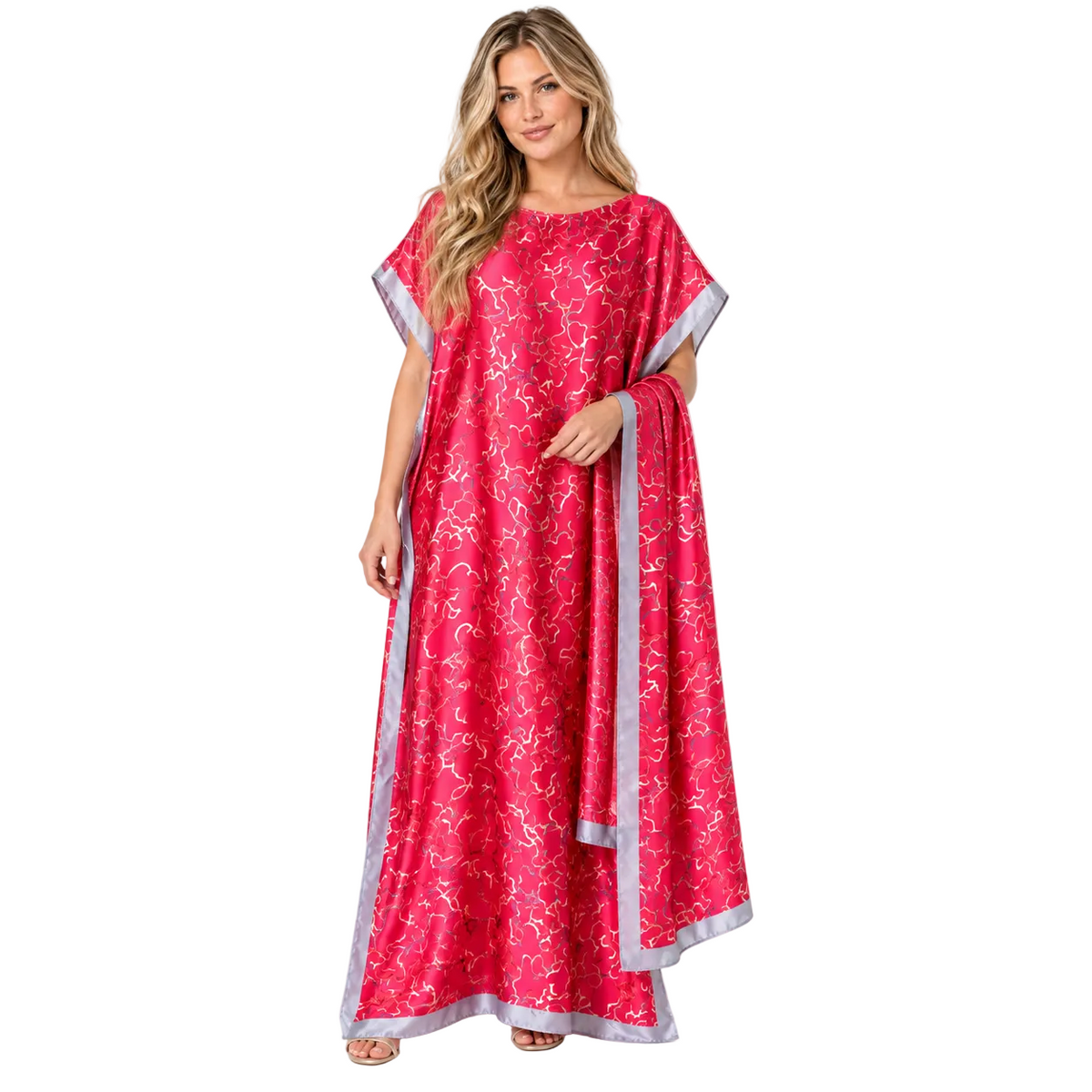 Rose Red Printed Silk Satin Kaftan