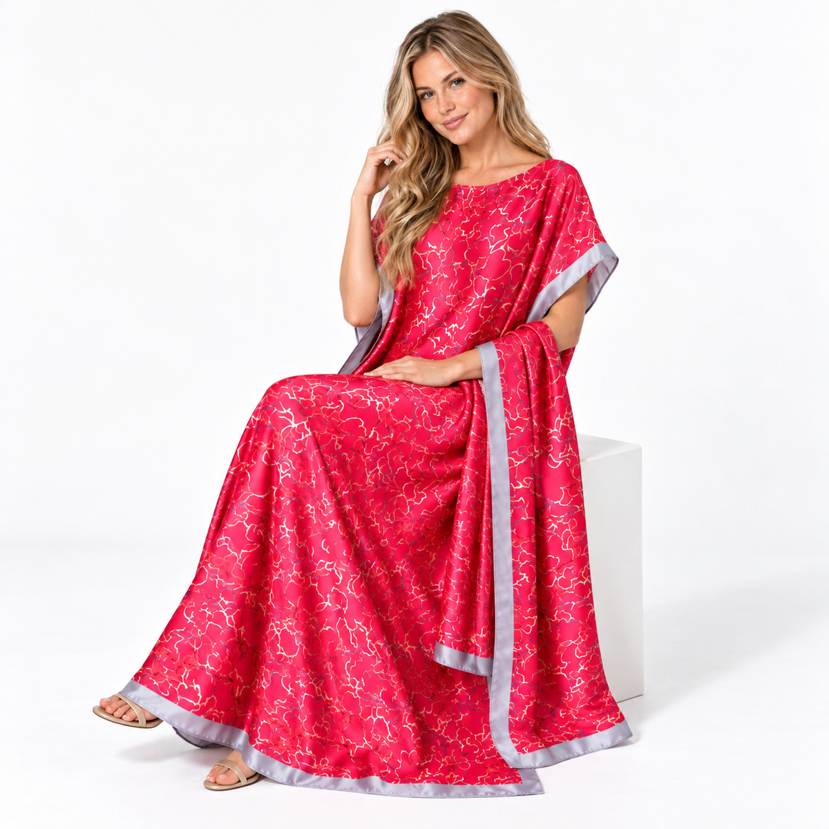 Rose Red Printed Silk Satin Kaftan