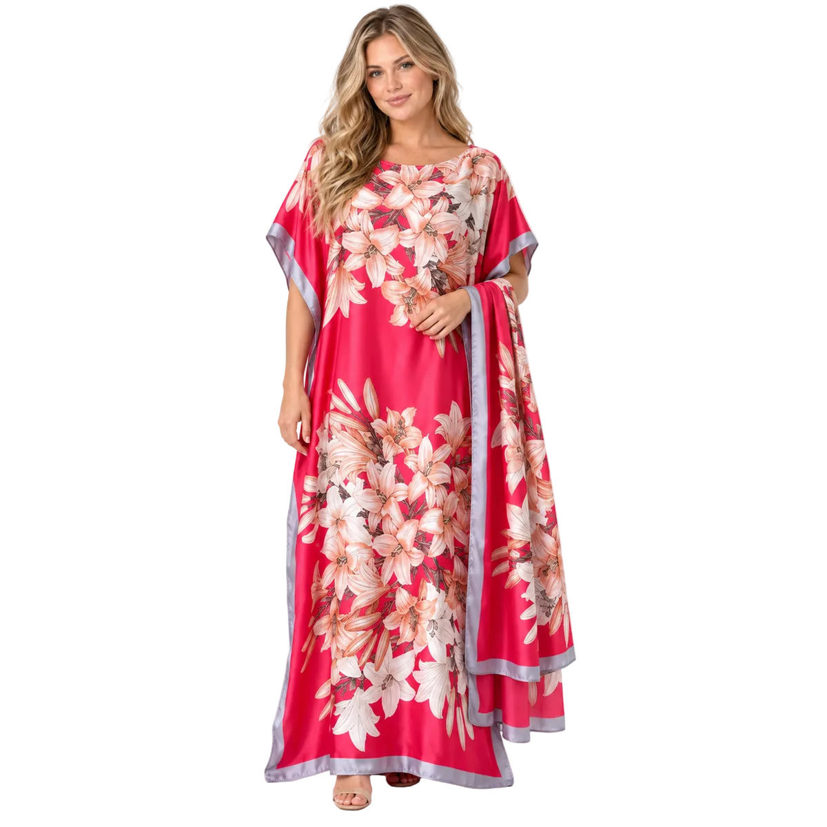 Pink Floral Silk Satin Luxury Kaftan