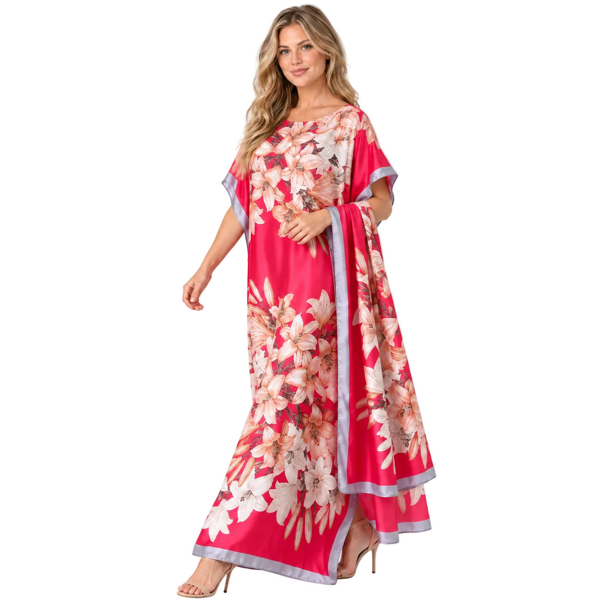Pink Floral Silk Satin Luxury Kaftan