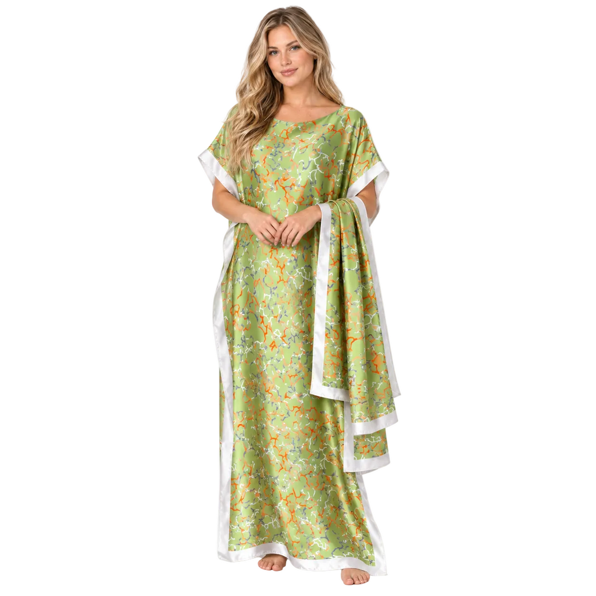 Light Green Printed Silk Satin Kaftan