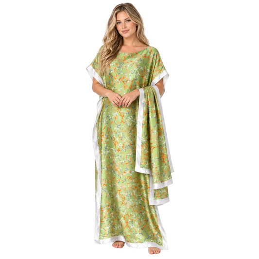 Light Green Printed Silk Satin Kaftan