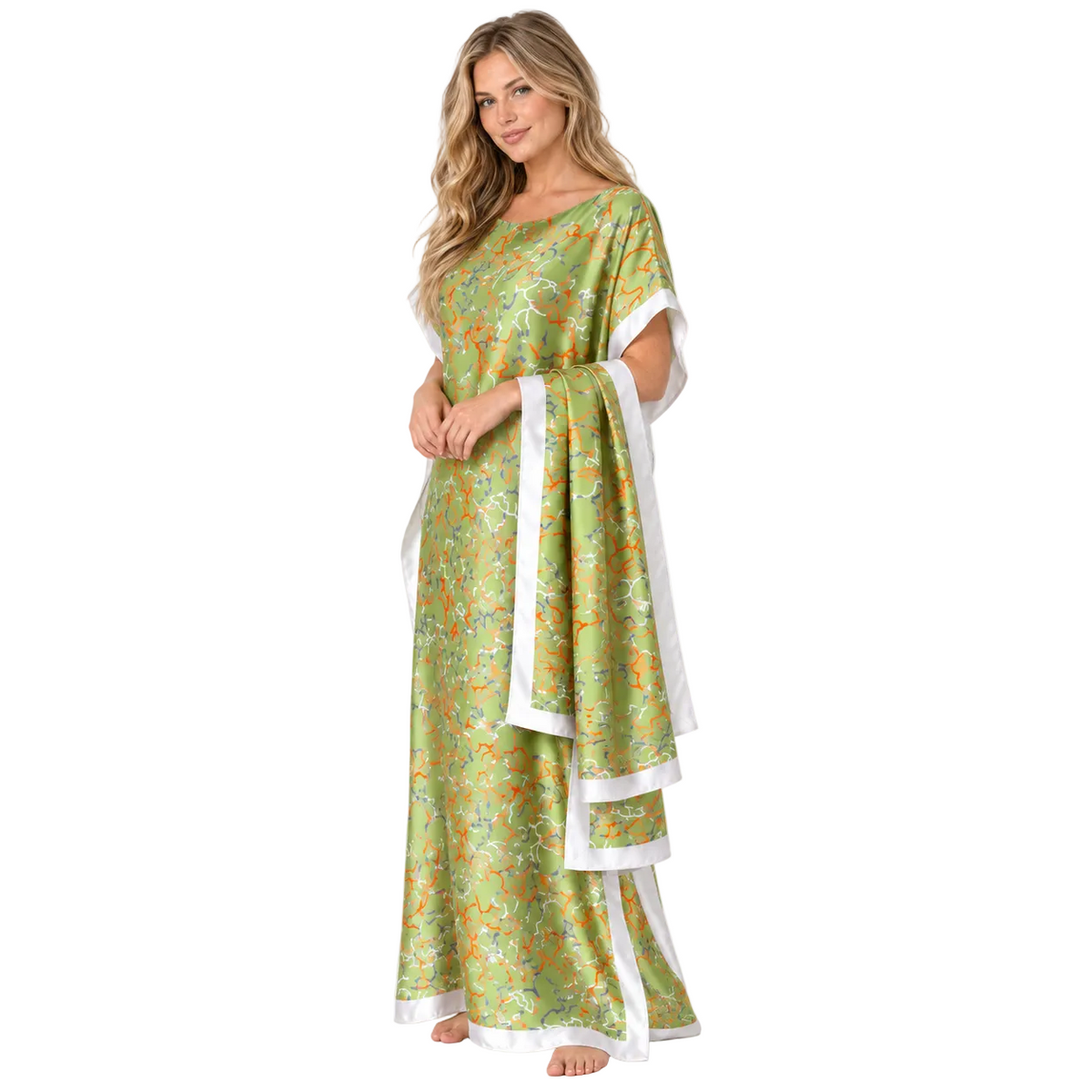 Light Green Printed Silk Satin Kaftan