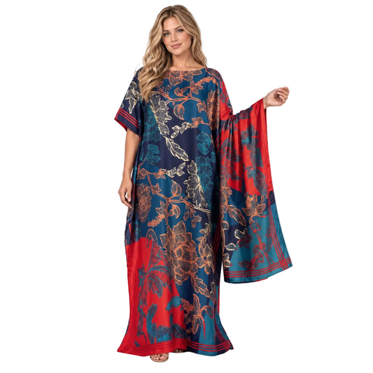 Navy Blue Floral Silk Satin Kaftan