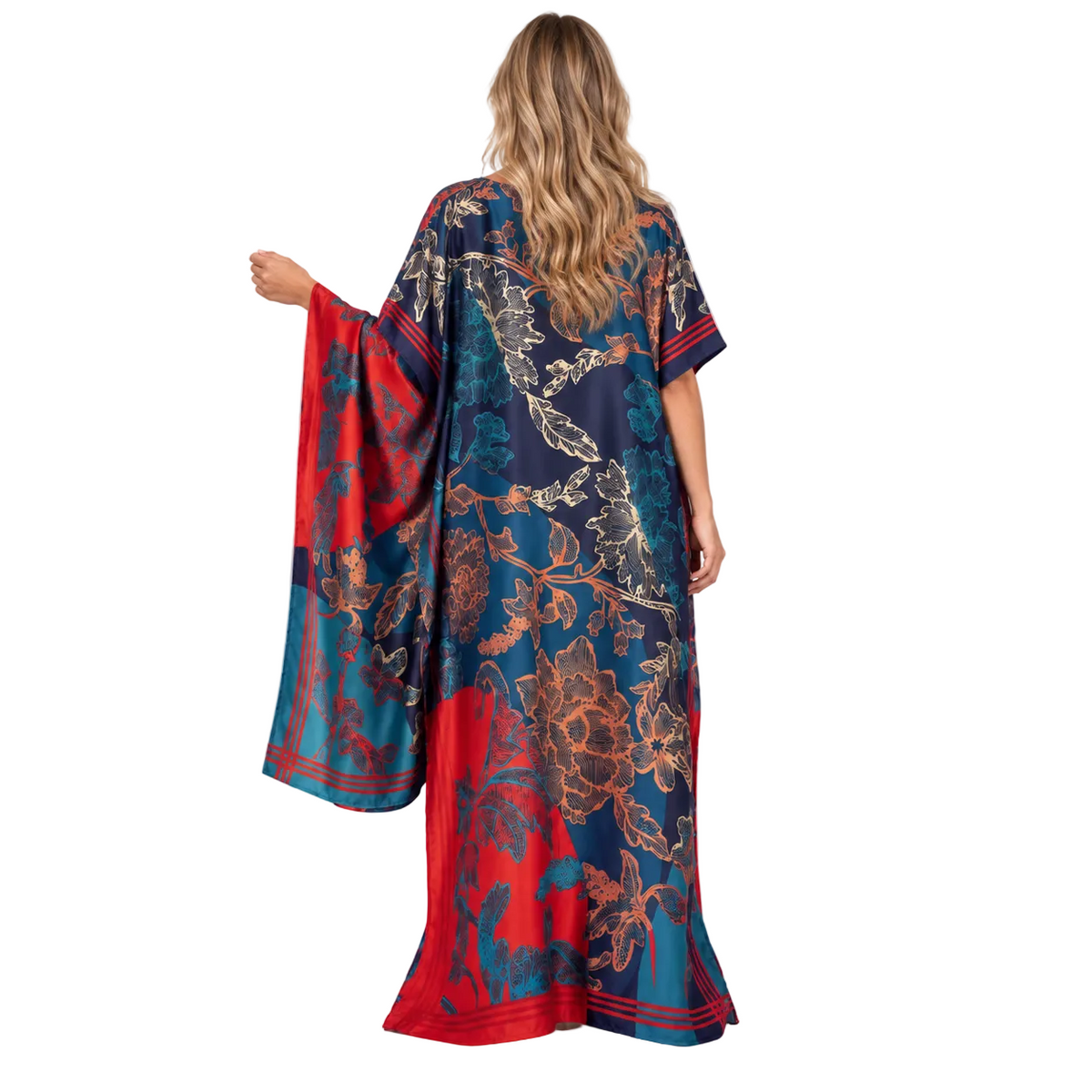 Navy Blue Floral Silk Satin Kaftan