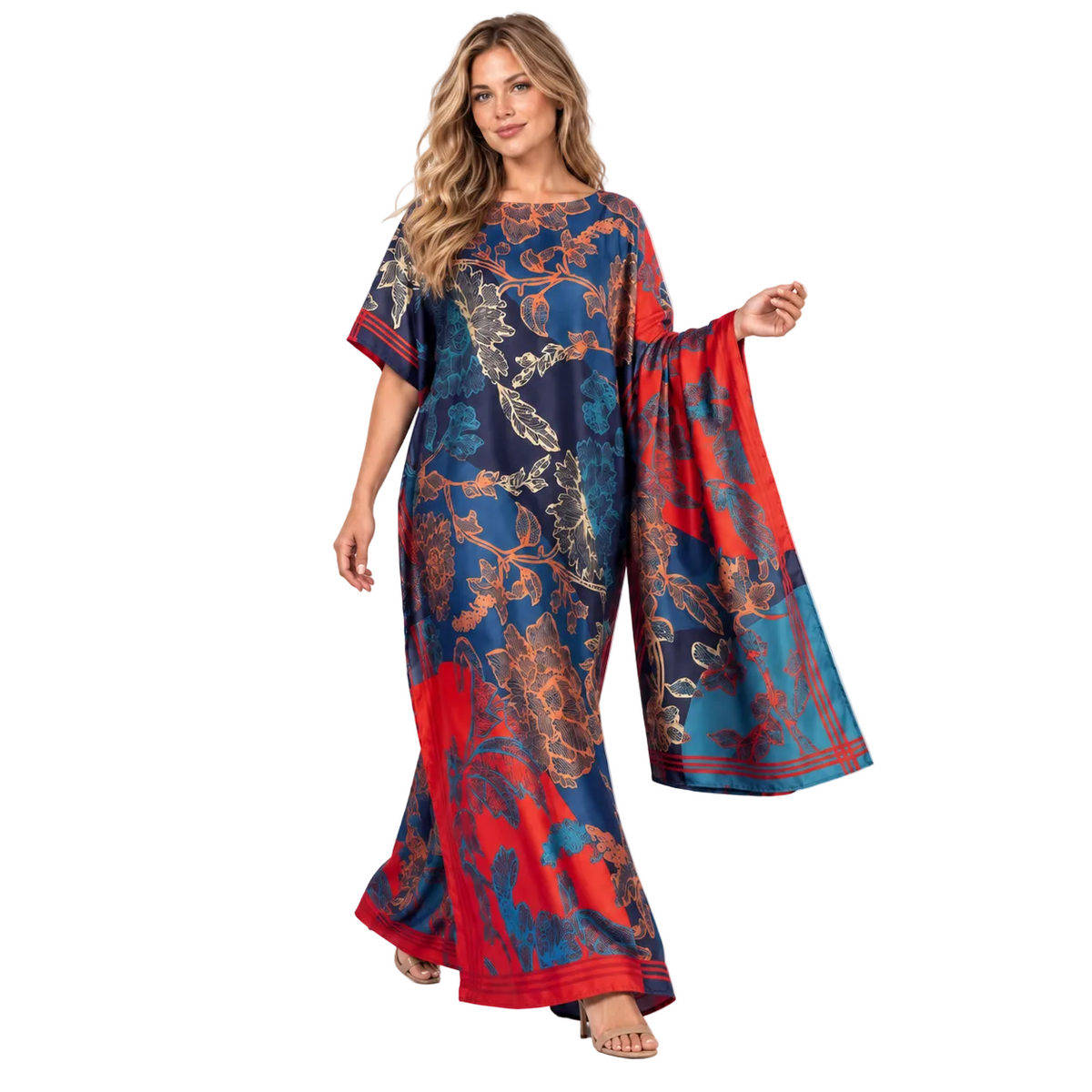 Navy Blue Floral Silk Satin Kaftan
