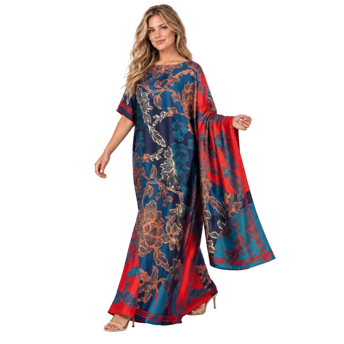 Navy Blue Floral Silk Satin Kaftan