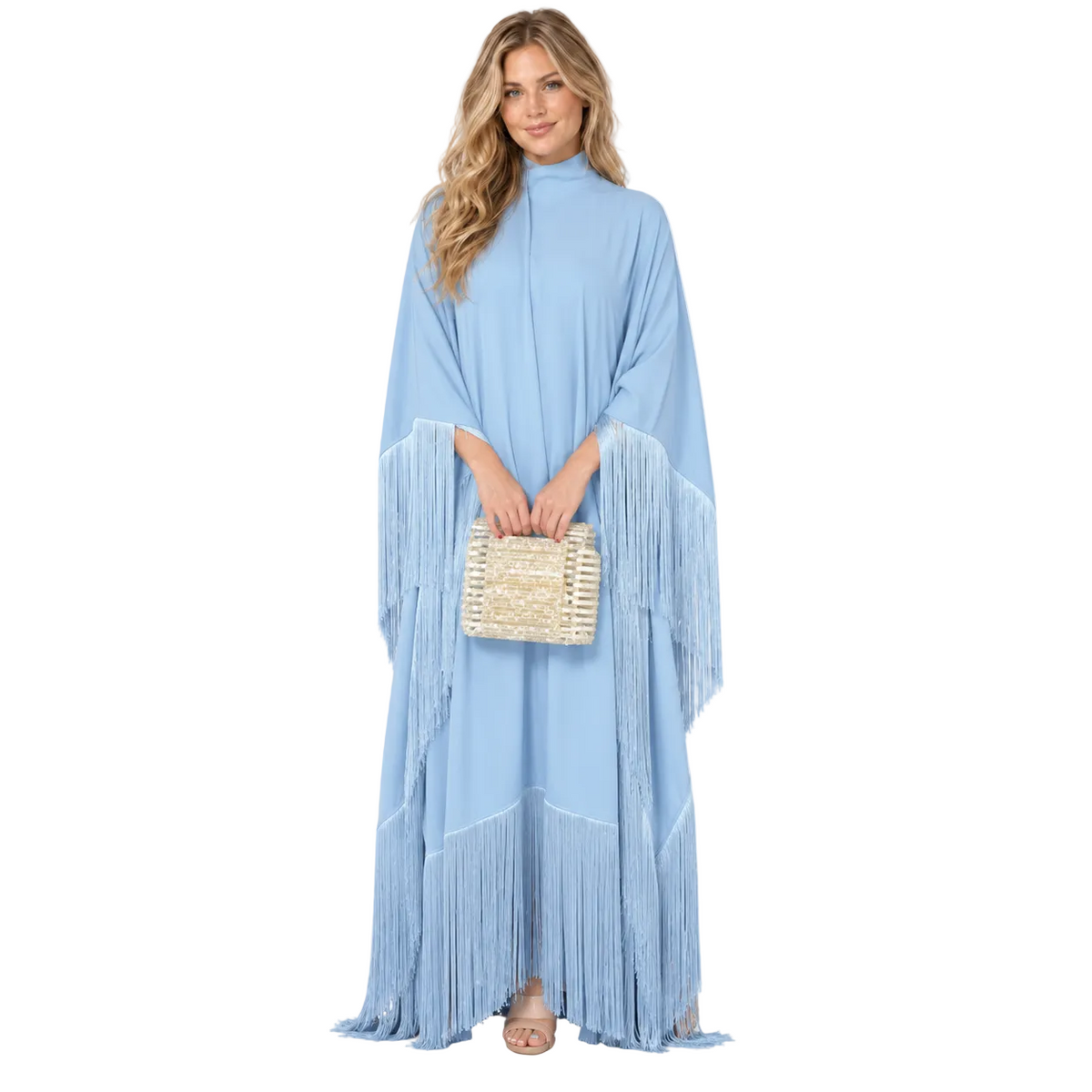 Elegant Sky Blue Silk Satin Kaftan