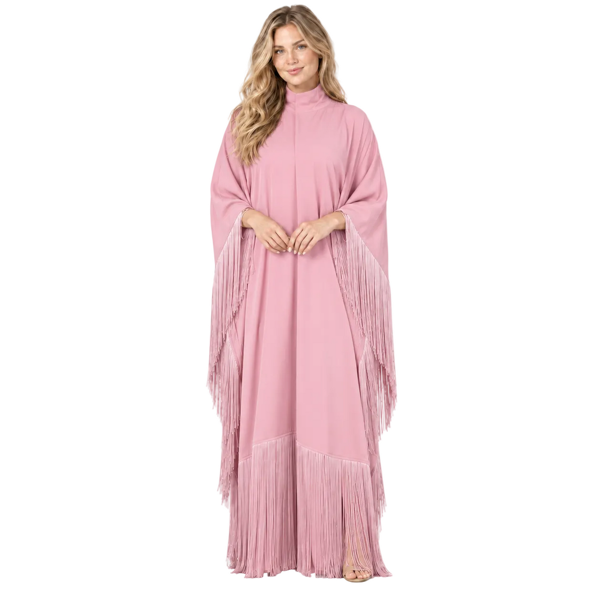 Elegant Blush Pink Fringe Detail Kaftan