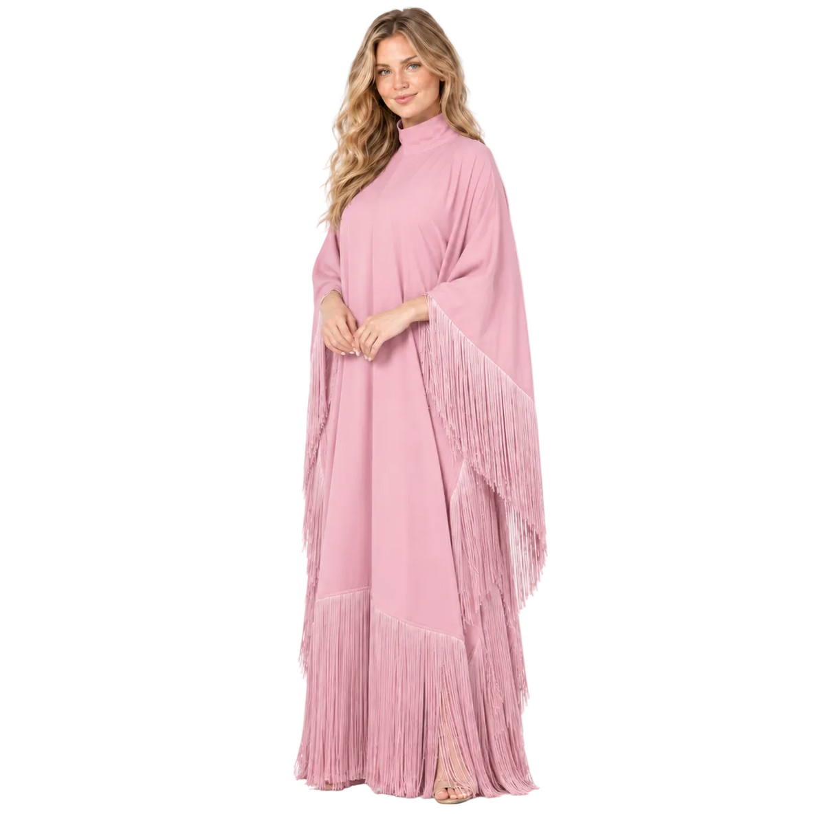Elegant Blush Pink Fringe Detail Kaftan
