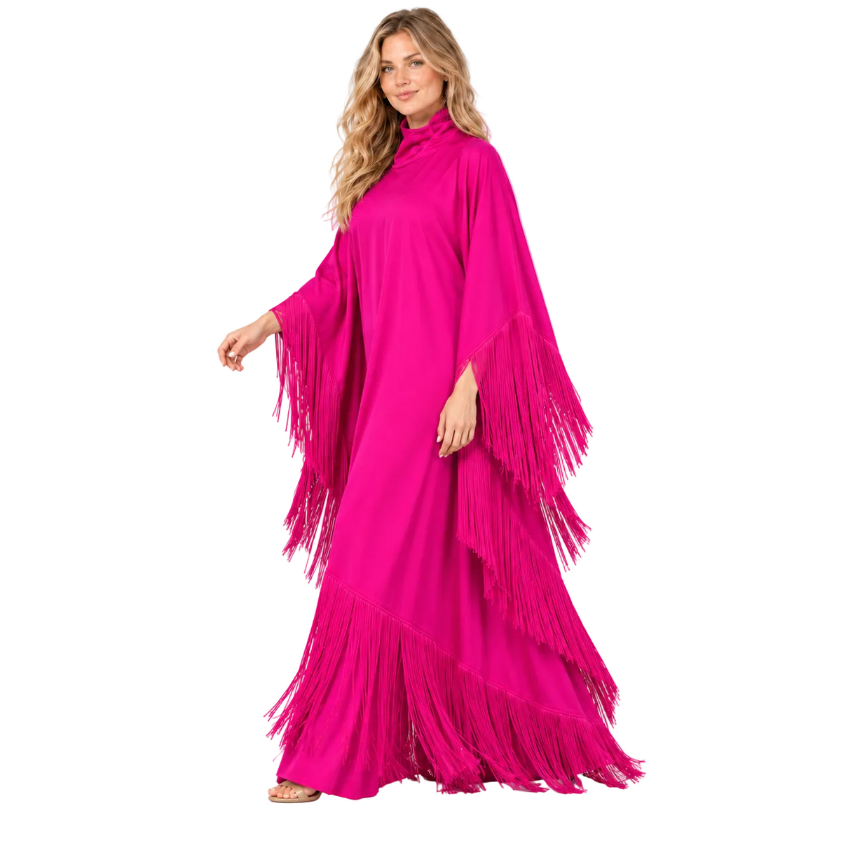 Elegant Rose Pink Fringe Detail Kaftan
