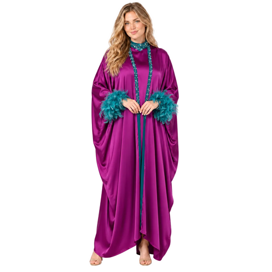 Elegant Purple Satin Teal Feather Kaftan