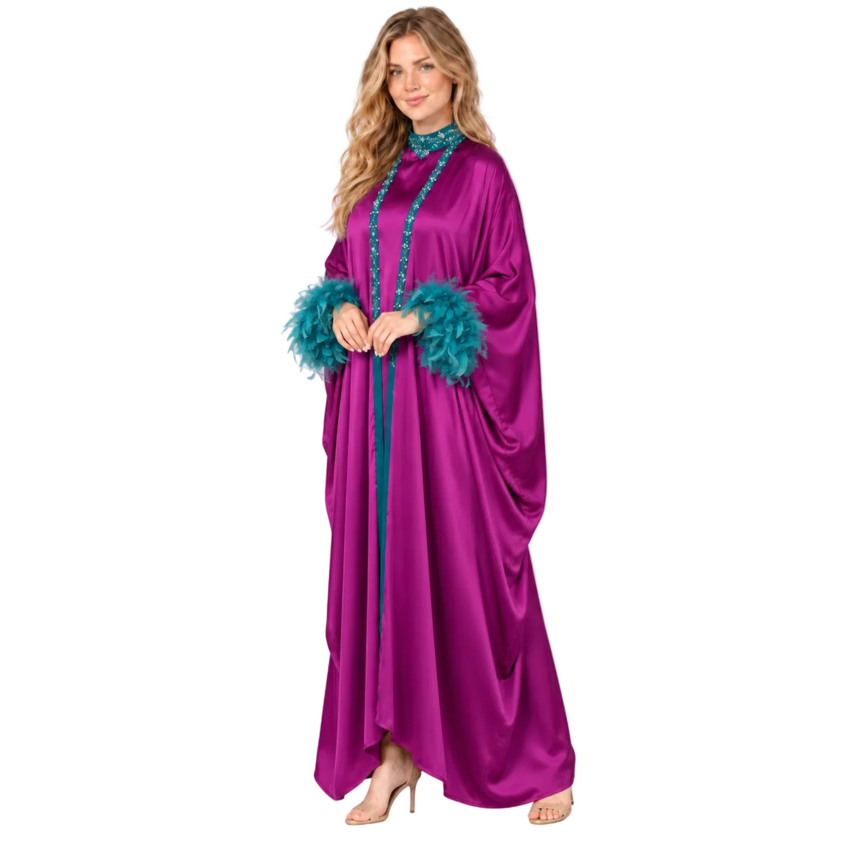 Elegant Purple Satin Teal Feather Kaftan