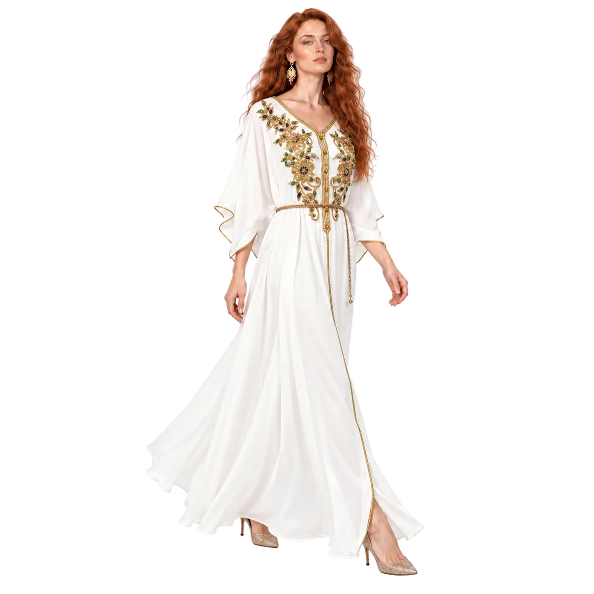 White Gold Embroidered Elegant Lebaran Kaftan