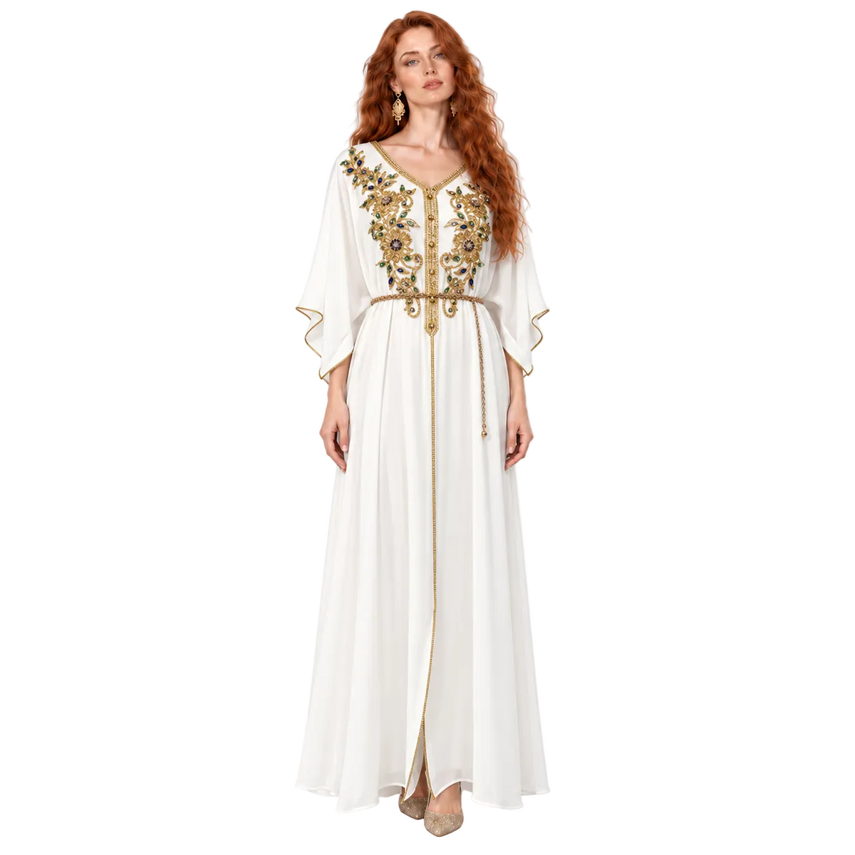 White Gold Embroidered Elegant Lebaran Kaftan