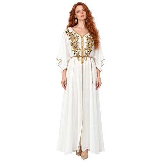 White Gold Embroidered Elegant Lebaran Kaftan