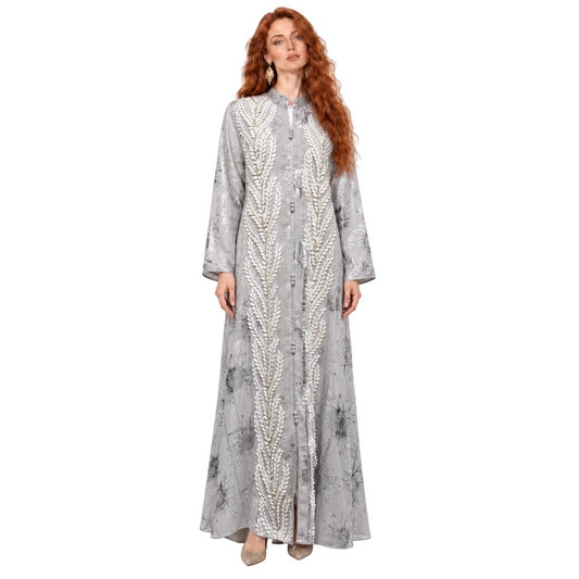 Silver Grey Embroidered Elegant Lebaran Kaftan