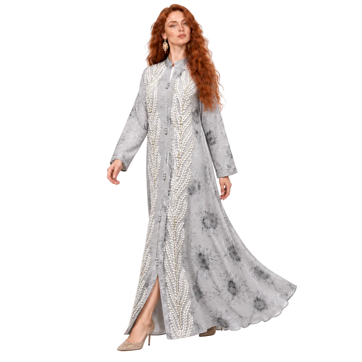 Silver Grey Embroidered Elegant Lebaran Kaftan
