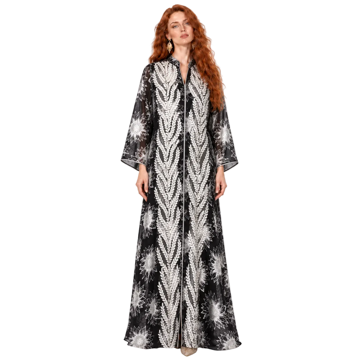 Black White Floral Satin Lebaran Kaftan