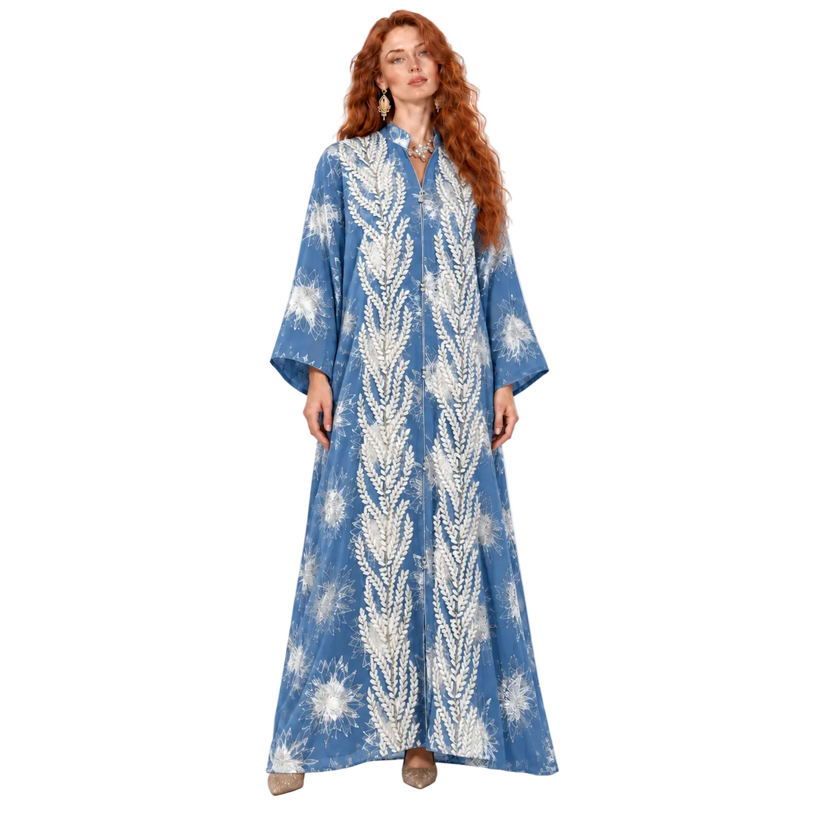 Blue Embroidered Floral Elegant Kaftan Lebaran
