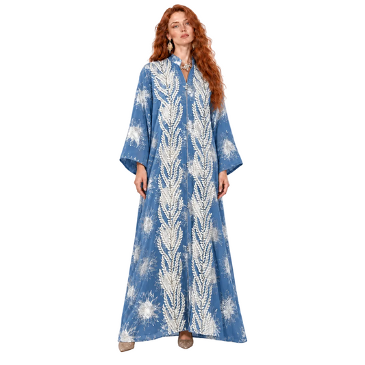 Blue Embroidered Floral Elegant Kaftan Lebaran
