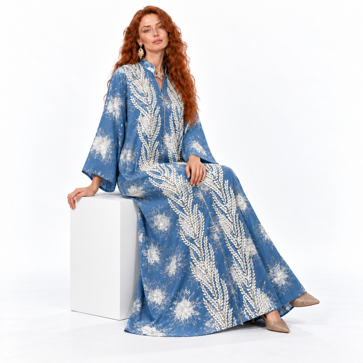 Blue Embroidered Floral Elegant Kaftan Lebaran