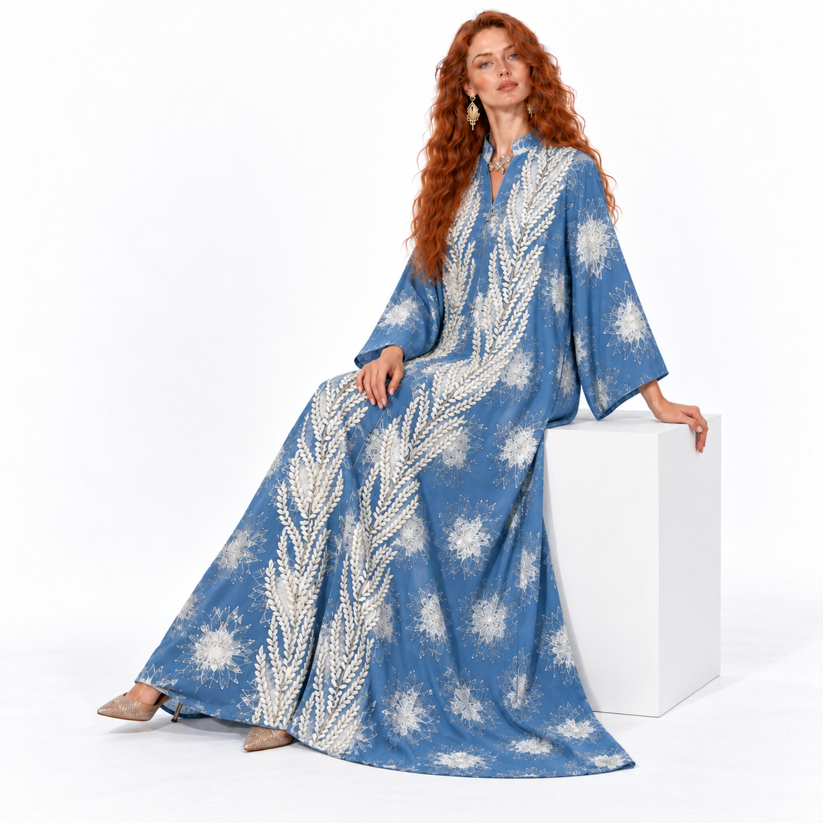 Blue Embroidered Floral Elegant Kaftan Lebaran