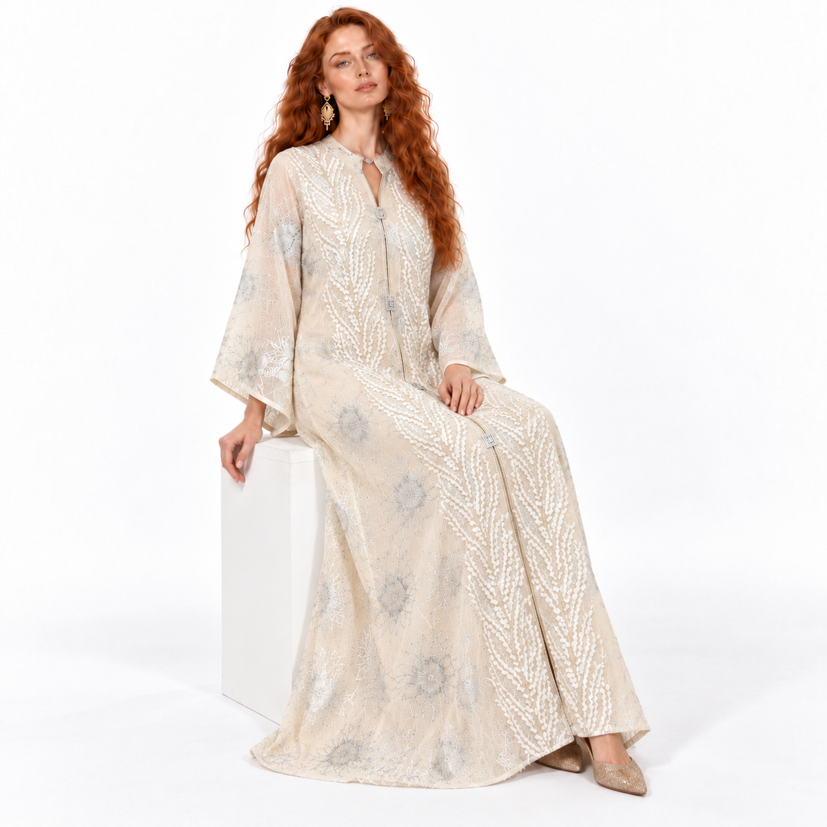 Elegant Apricot Floral Embroidered Kaftan Lebaran