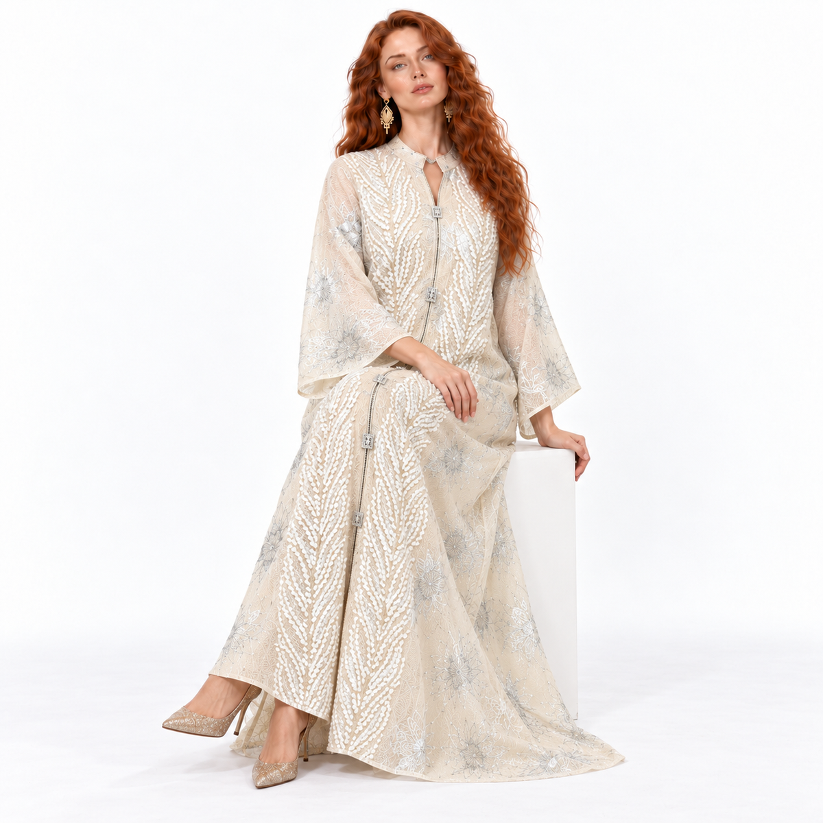 Elegant Apricot Floral Embroidered Kaftan Lebaran