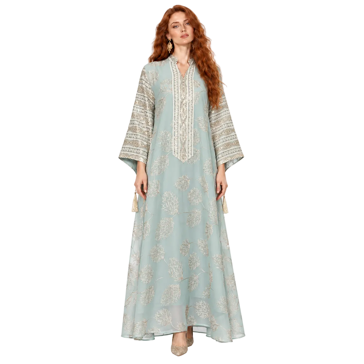 Elegant Green Gold Embroidered Kaftan Lebaran