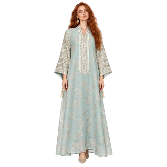 Elegant Green Gold Embroidered Kaftan Lebaran