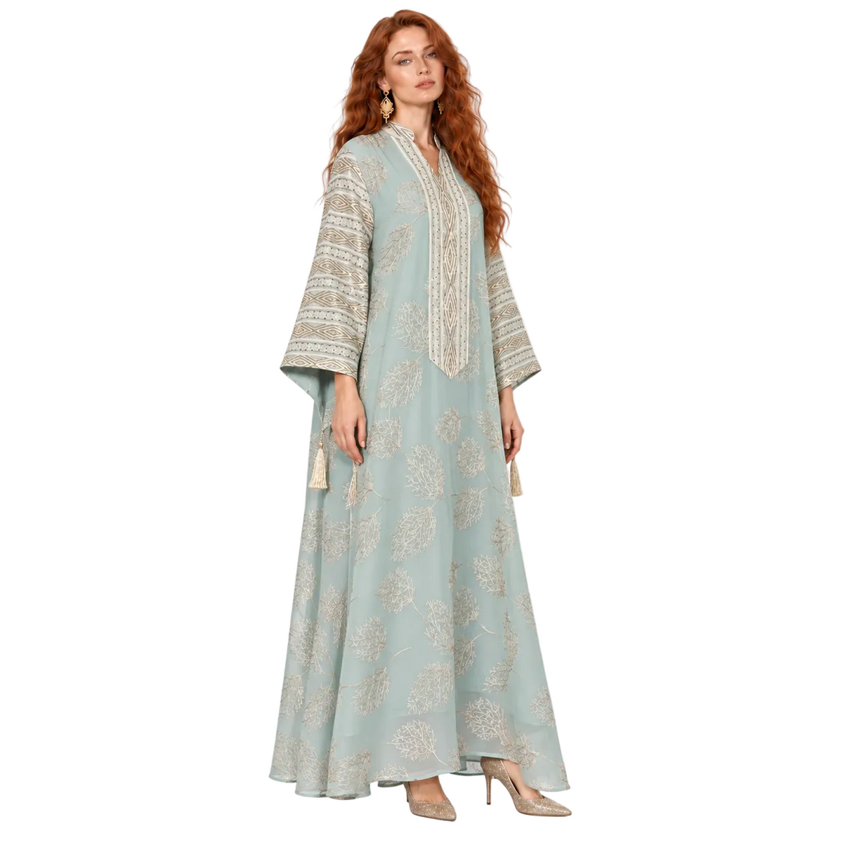 Elegant Green Gold Embroidered Kaftan Lebaran