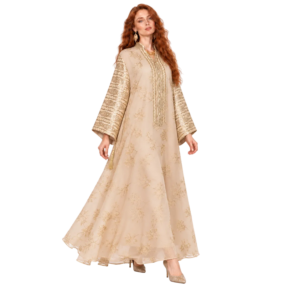 Elegant Apricot Gold Embroidered Lebaran Kaftan