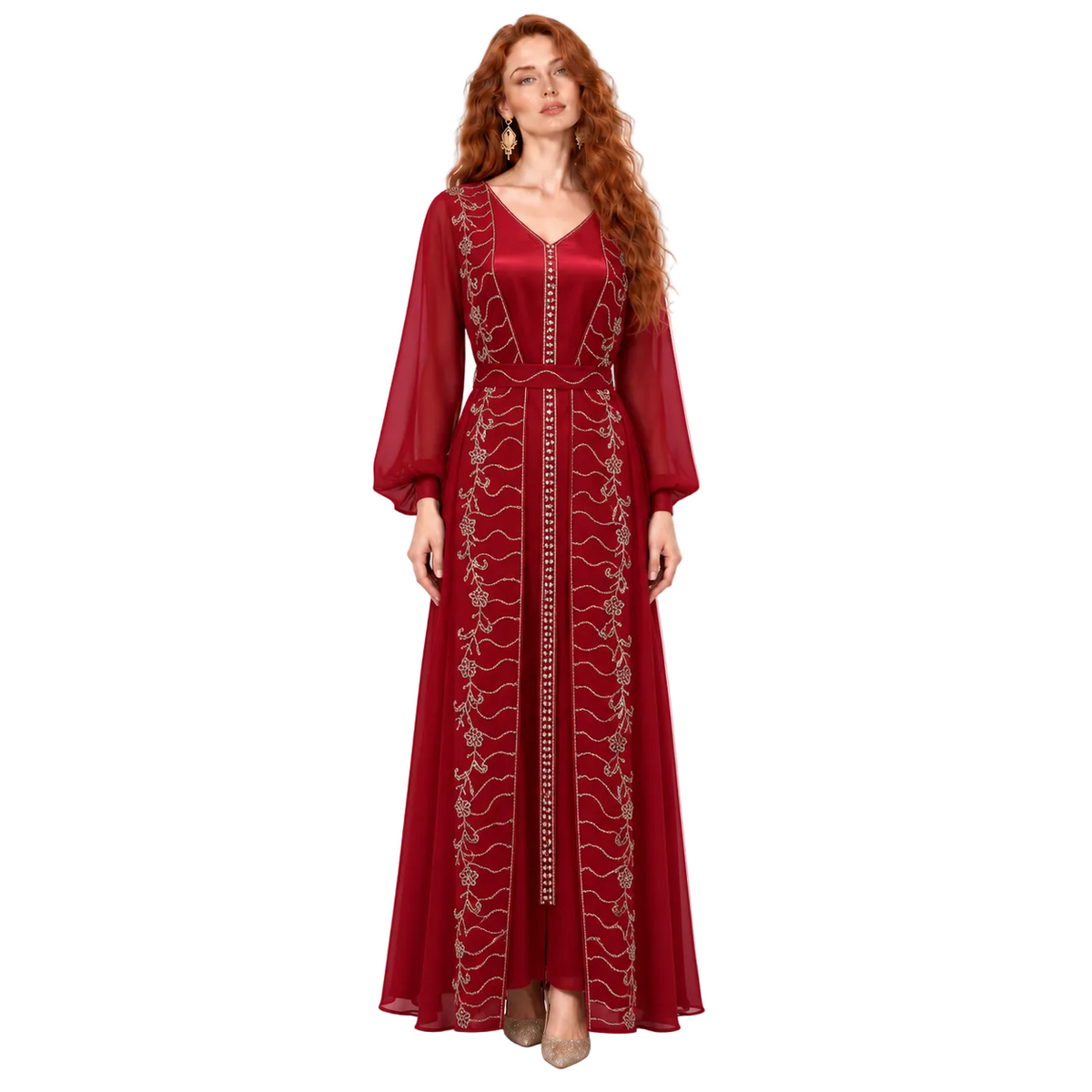 Elegant Burgundy Gold Embroidered Kaftan Lebaran